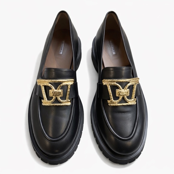 🧶Dissona NWOB Black Leather Lug Sole Loafers Gold Buckle Size EU 40 + Free Gift